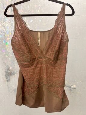 Rhonda Shear Lace-Trim Satin Camisole in Rose and beige